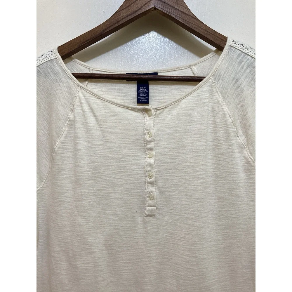 Chaps Womens Henley Shirt‎ L Ivory Lace Trim Long Sleeve Boho Soft Girl Cottage